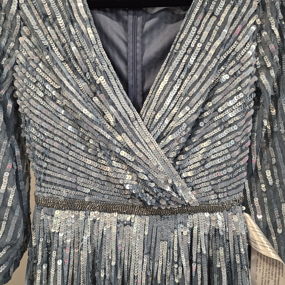 NEW MAC DUGGAL 5509 $598 SLATE BLUE SEQUINED 3/4 SLEEVE TULLE LONG GOWN Size 4 - Picture 11 of 12
